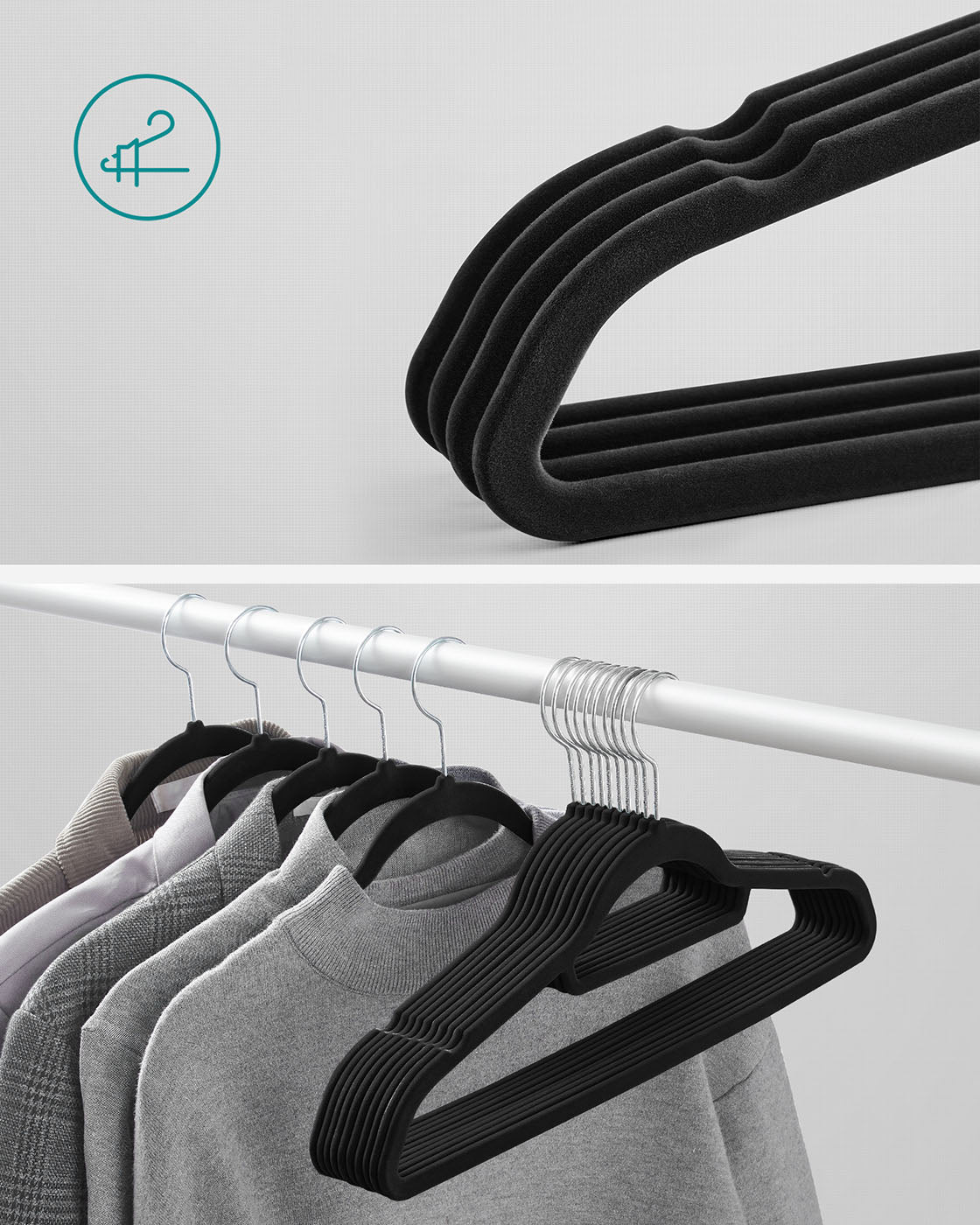 Velvet Hangers – Velvet – Black – Ultra Thin Non-Slip Design with 360 Degree Swivel Hook, Includes Tie Organizer