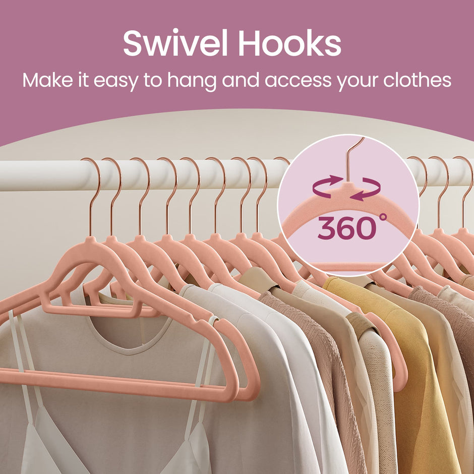 Velvet Hangers – Velvet – Coral Pink – Set of 50 with Rose Gold Swivel Hook, Non-Slip and Space-Saving