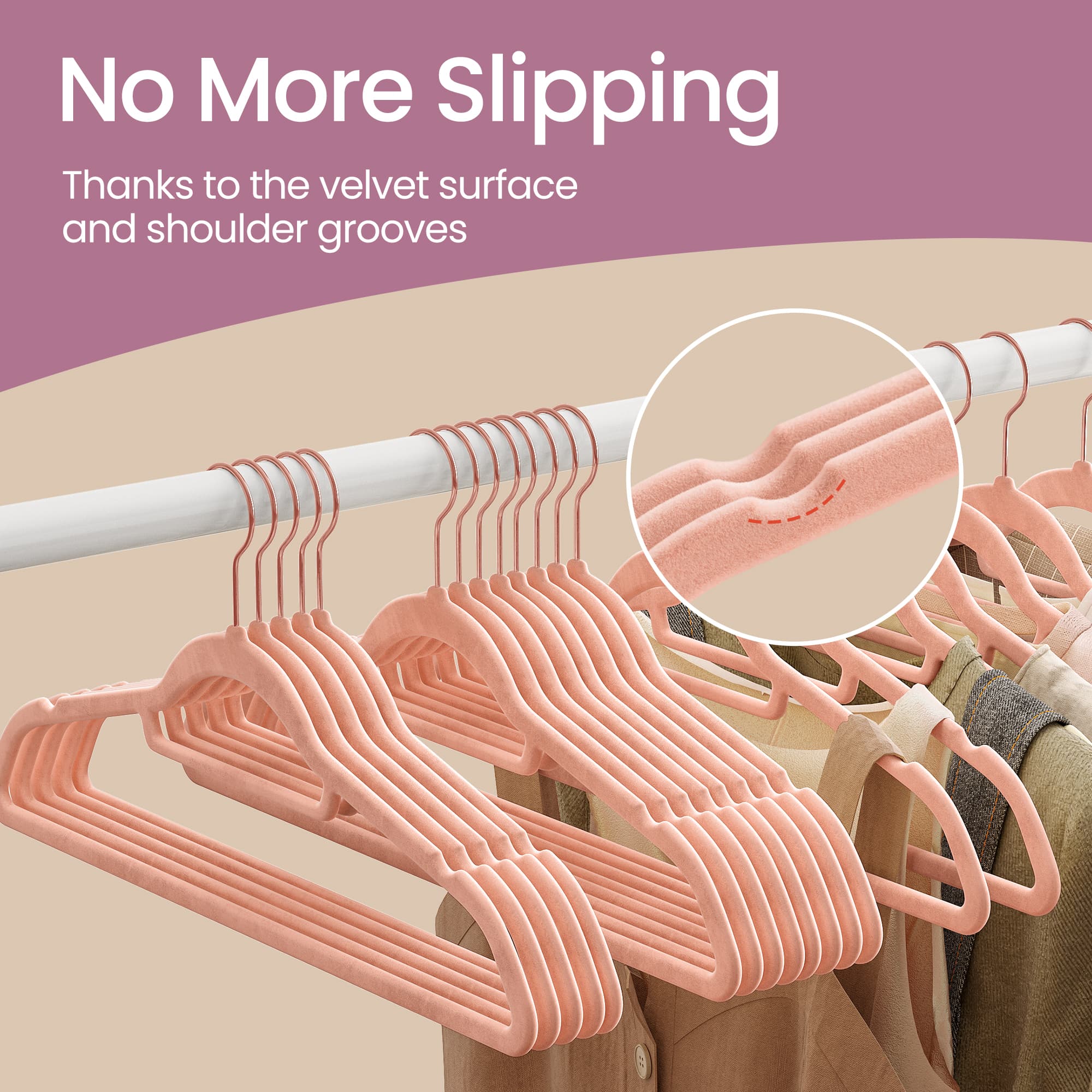Velvet Hangers – Velvet – Coral Pink – Set of 50 with Rose Gold Swivel Hook, Non-Slip and Space-Saving