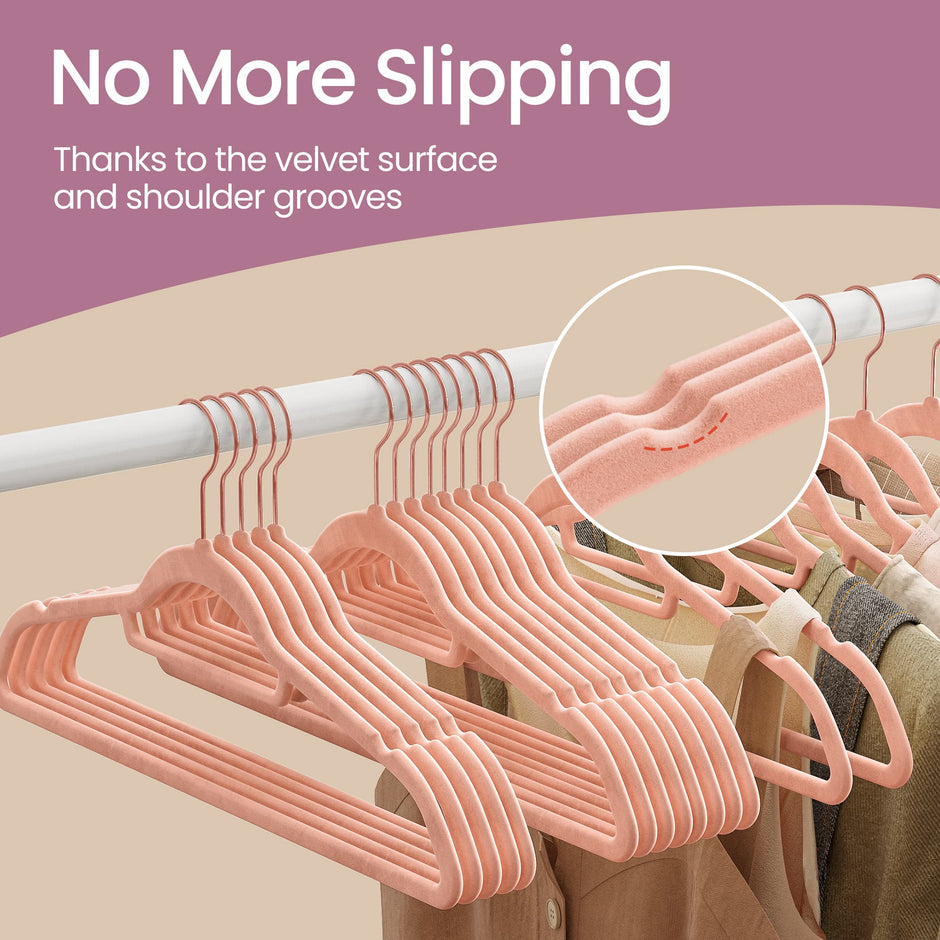 Velvet Hangers – Velvet – Coral Pink – Set of 50 with Rose Gold Swivel Hook, Non-Slip and Space-Saving