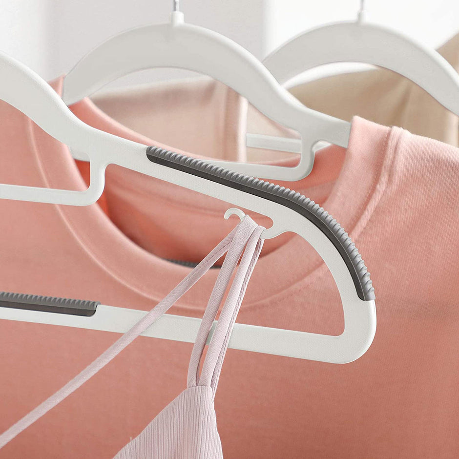 Pack of 50 Heavy Duty Plastic Coat Hangers – White and Dark Grey – Non-Slip Design with 360° Swivel Hook