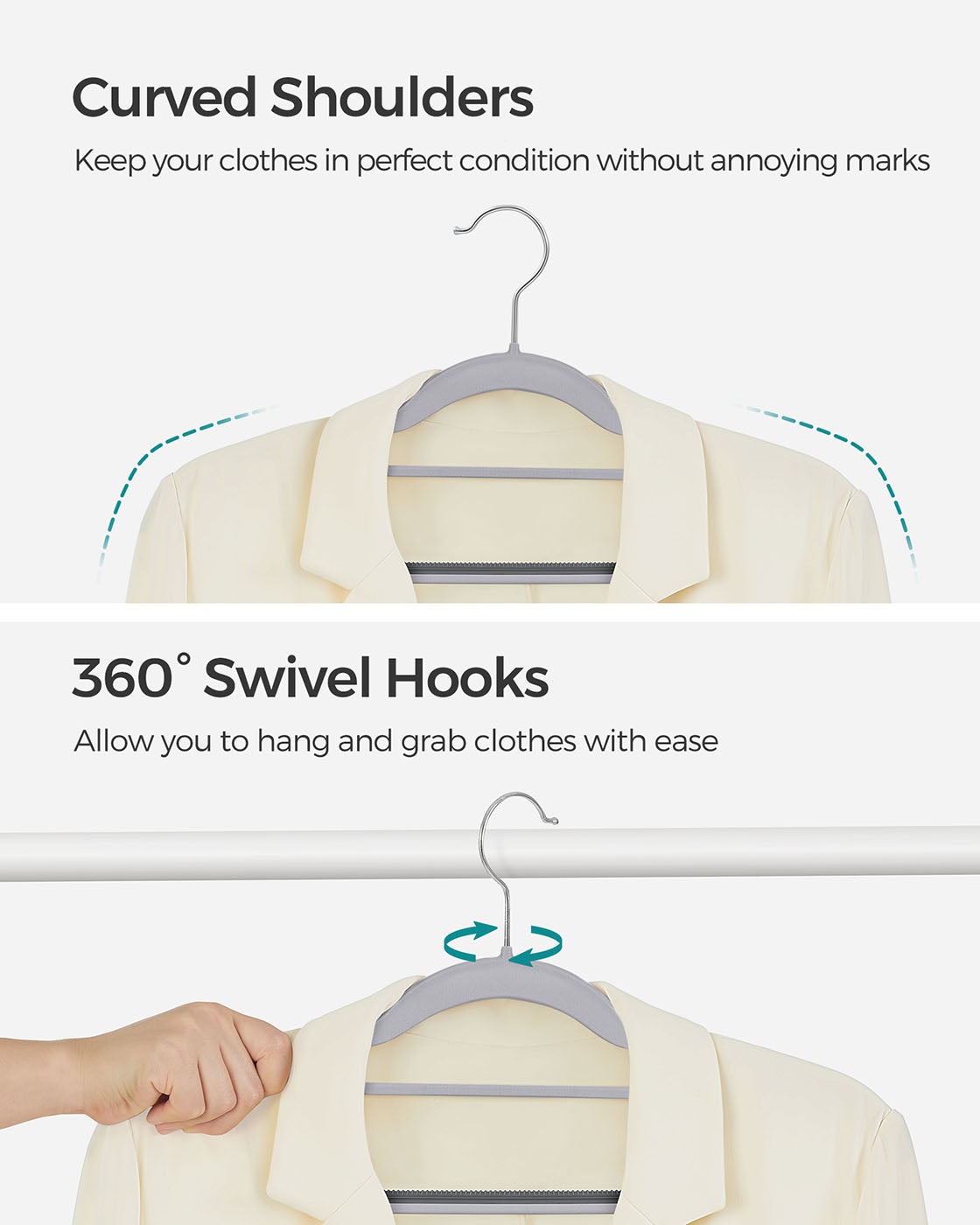Heavy Duty Plastic Hangers – Non-Slip Design – Grey – 360° Swivel Hook, Space-Saving, 30 Pack