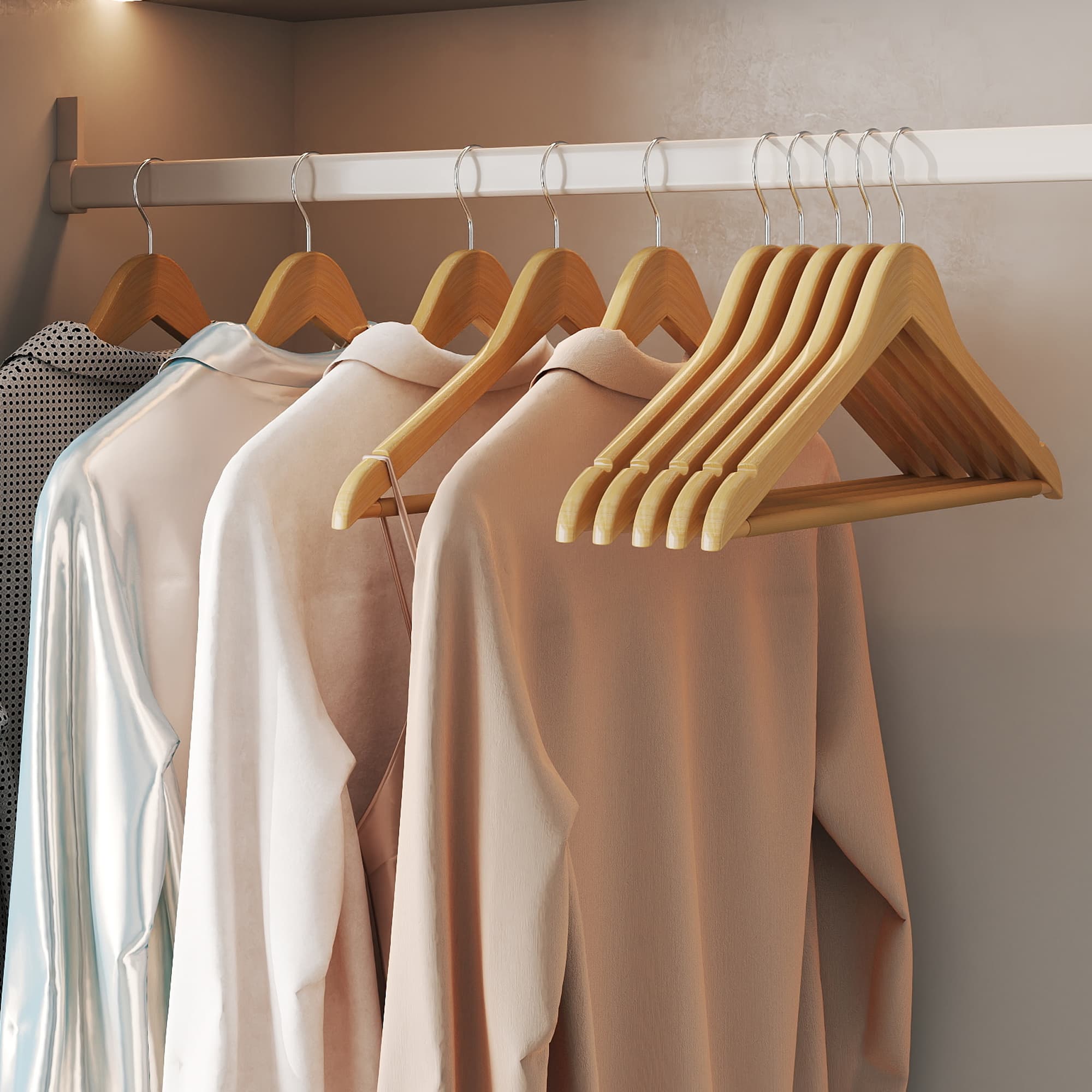 Wooden Coat Hangers – Solid Wood – Natural – Set of 10, Notches and Non-Slip Bar, 360° Rotating Hook