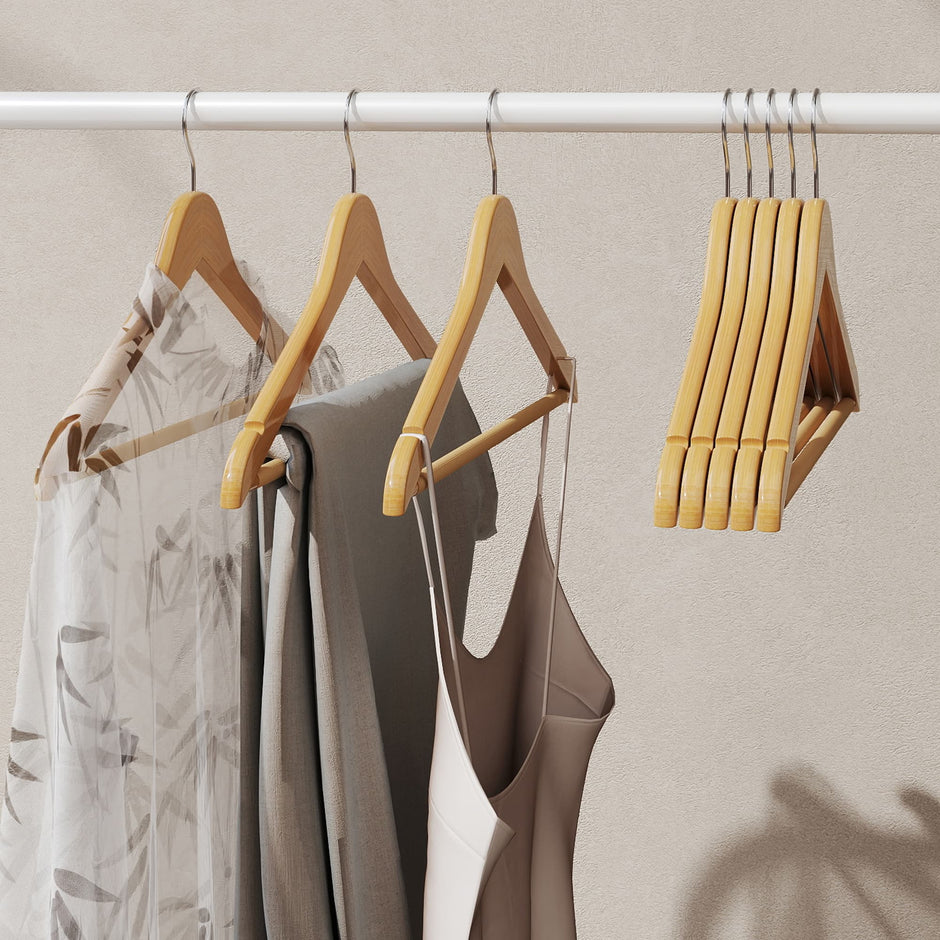 Wooden Coat Hangers – Solid Wood – Natural – Set of 10, Notches and Non-Slip Bar, 360° Rotating Hook