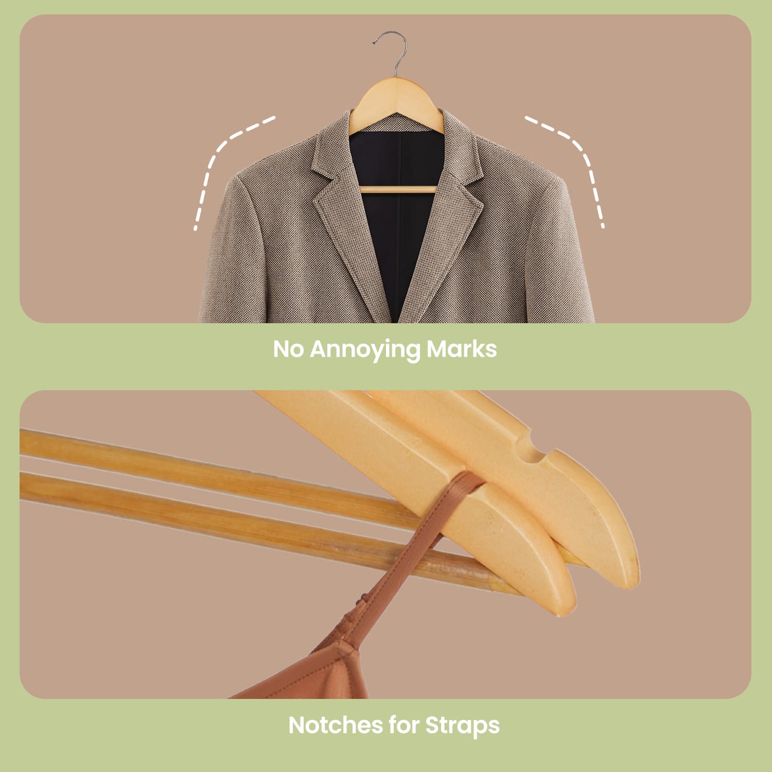 Wooden Coat Hangers – Solid Wood – Natural – Set of 10, Notches and Non-Slip Bar, 360° Rotating Hook