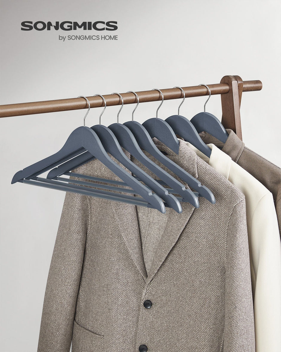 Wooden Hangers – Maple Wood – Lead Grey and Silver – Set of 20 with Shoulder Notches and Anti-Slip Trousers Bar, 360° Swivel Hook