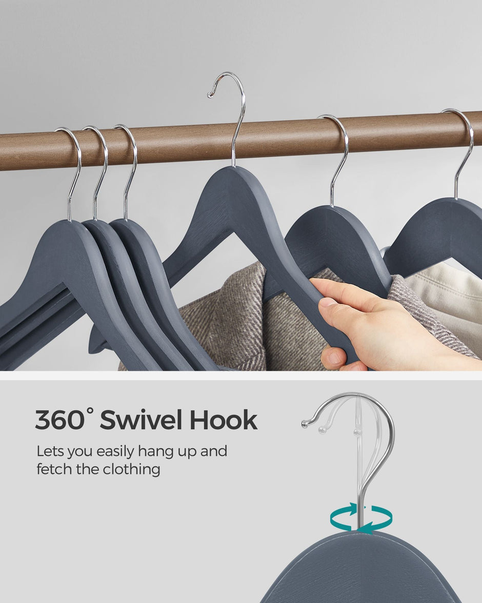Wooden Hangers – Maple Wood – Lead Grey and Silver – Set of 20 with Shoulder Notches and Anti-Slip Trousers Bar, 360° Swivel Hook