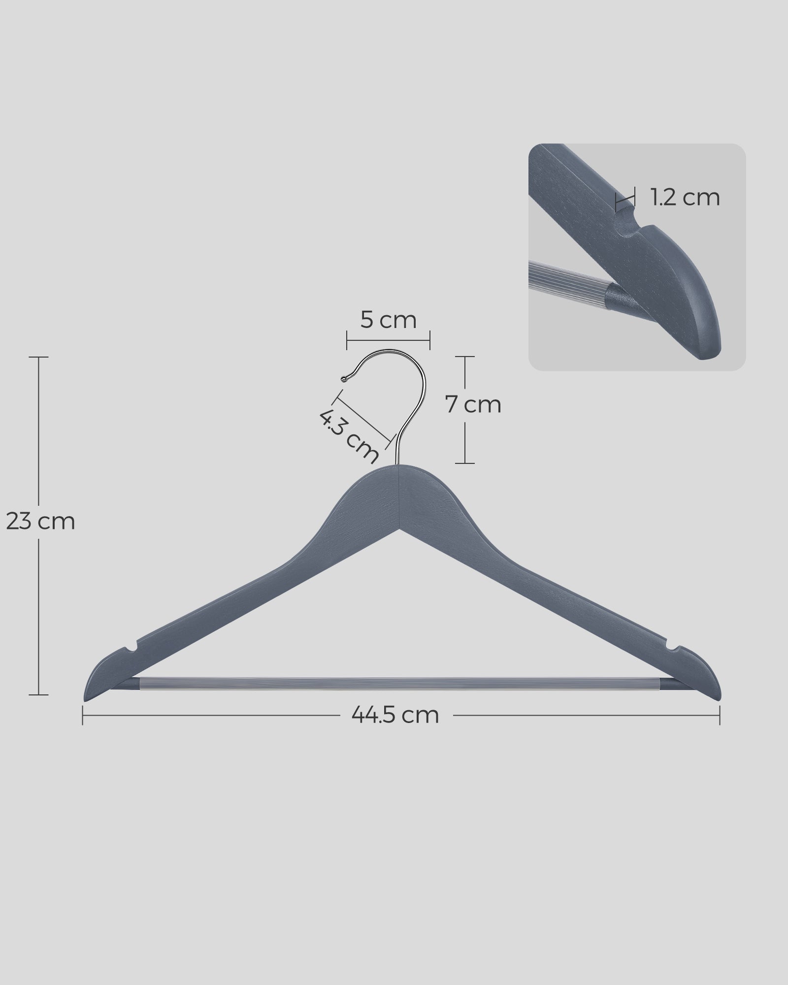 Wooden Hangers – Maple Wood – Lead Grey and Silver – Set of 20 with Shoulder Notches and Anti-Slip Trousers Bar, 360° Swivel Hook