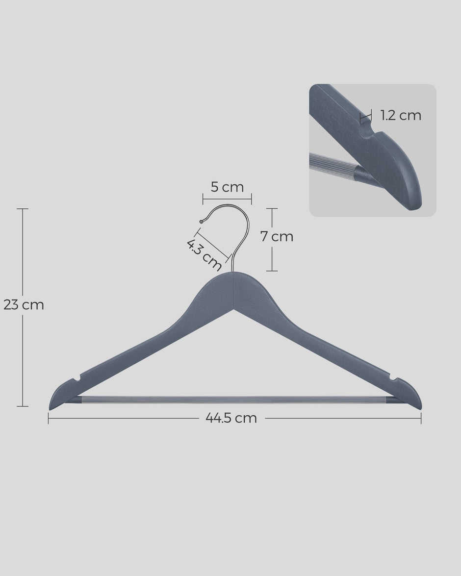 Wooden Hangers – Maple Wood – Lead Grey and Silver – Set of 20 with Shoulder Notches and Anti-Slip Trousers Bar, 360° Swivel Hook