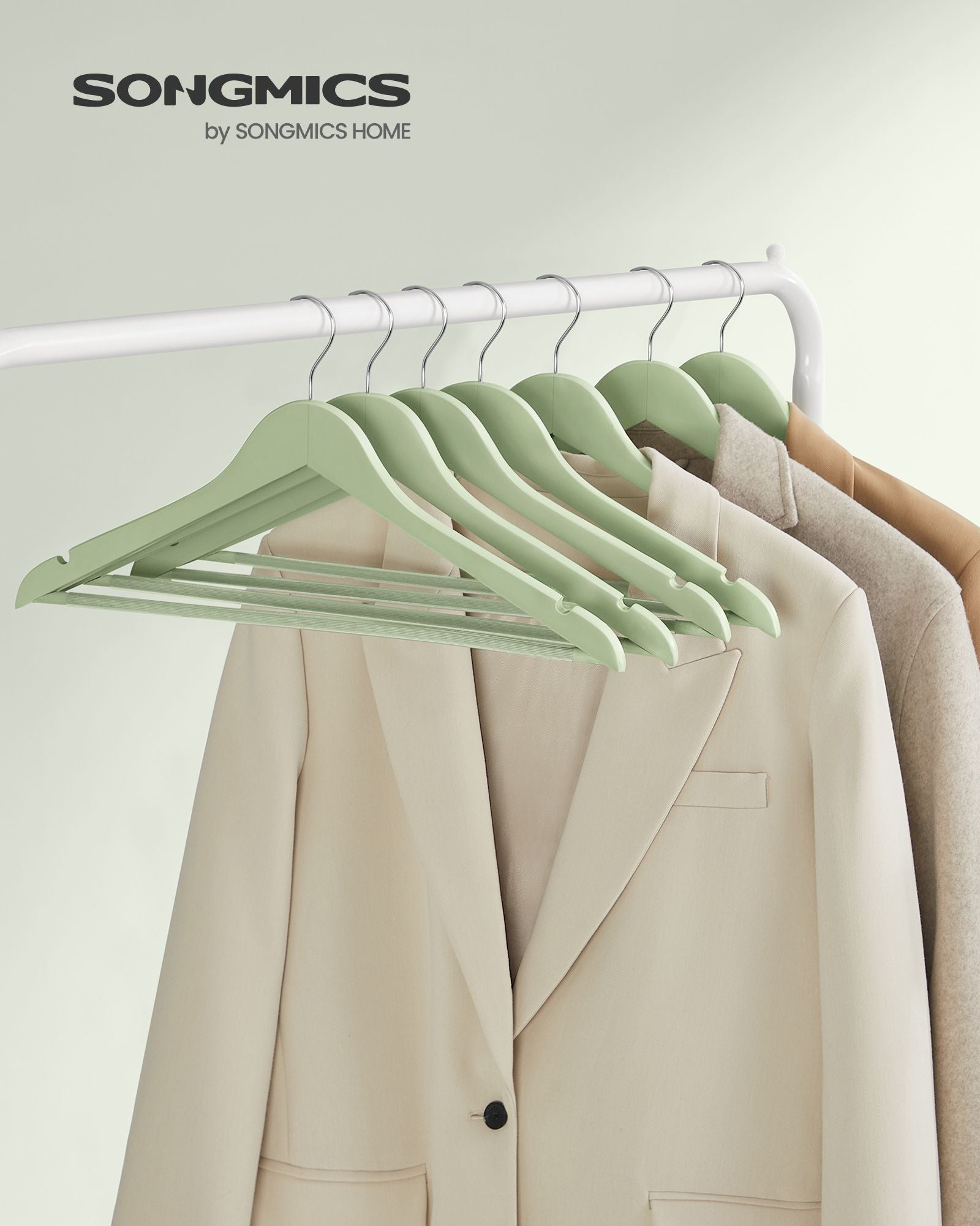 Wooden Coat Hangers – Maple Wood – Light Green and Silver – Set of 20 with Shoulder Notches and Anti-Slip Trouser Bar, 360° Swivel Hook
