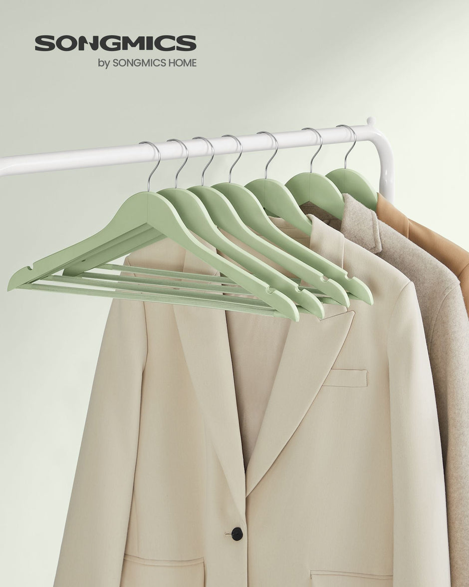 Wooden Coat Hangers – Maple Wood – Light Green and Silver – Set of 20 with Shoulder Notches and Anti-Slip Trouser Bar, 360° Swivel Hook