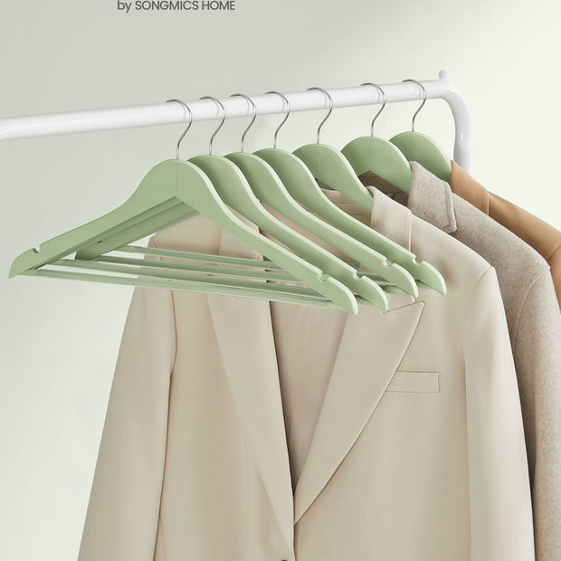 Wooden Coat Hangers – Maple Wood – Light Green and Silver – Set of 20 with Shoulder Notches and Anti-Slip Trouser Bar, 360° Swivel Hook