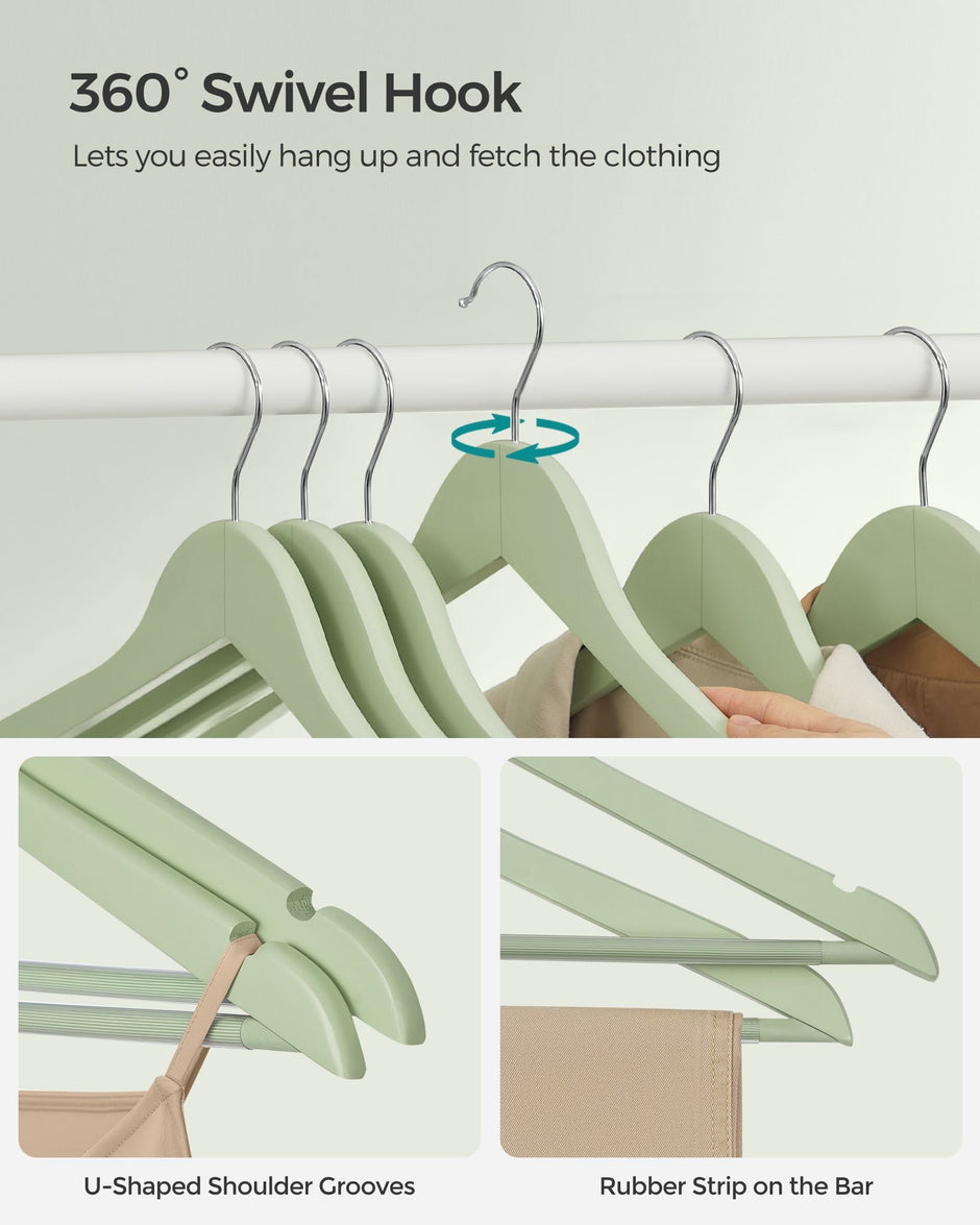 Wooden Coat Hangers – Maple Wood – Light Green and Silver – Set of 20 with Shoulder Notches and Anti-Slip Trouser Bar, 360° Swivel Hook