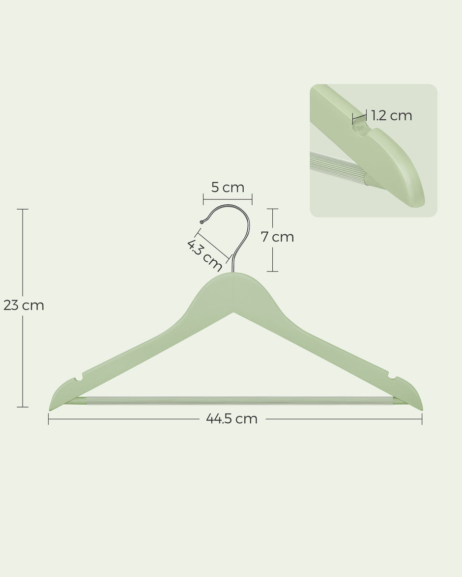 Wooden Coat Hangers – Maple Wood – Light Green and Silver – Set of 20 with Shoulder Notches and Anti-Slip Trouser Bar, 360° Swivel Hook