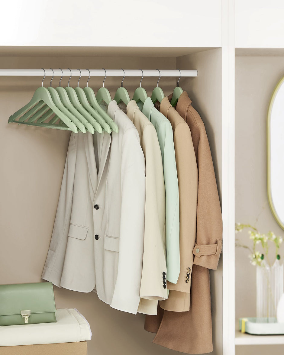 Wooden Coat Hangers – Maple Wood – Light Green and Silver – Set of 20 with Shoulder Notches and Anti-Slip Trouser Bar, 360° Swivel Hook