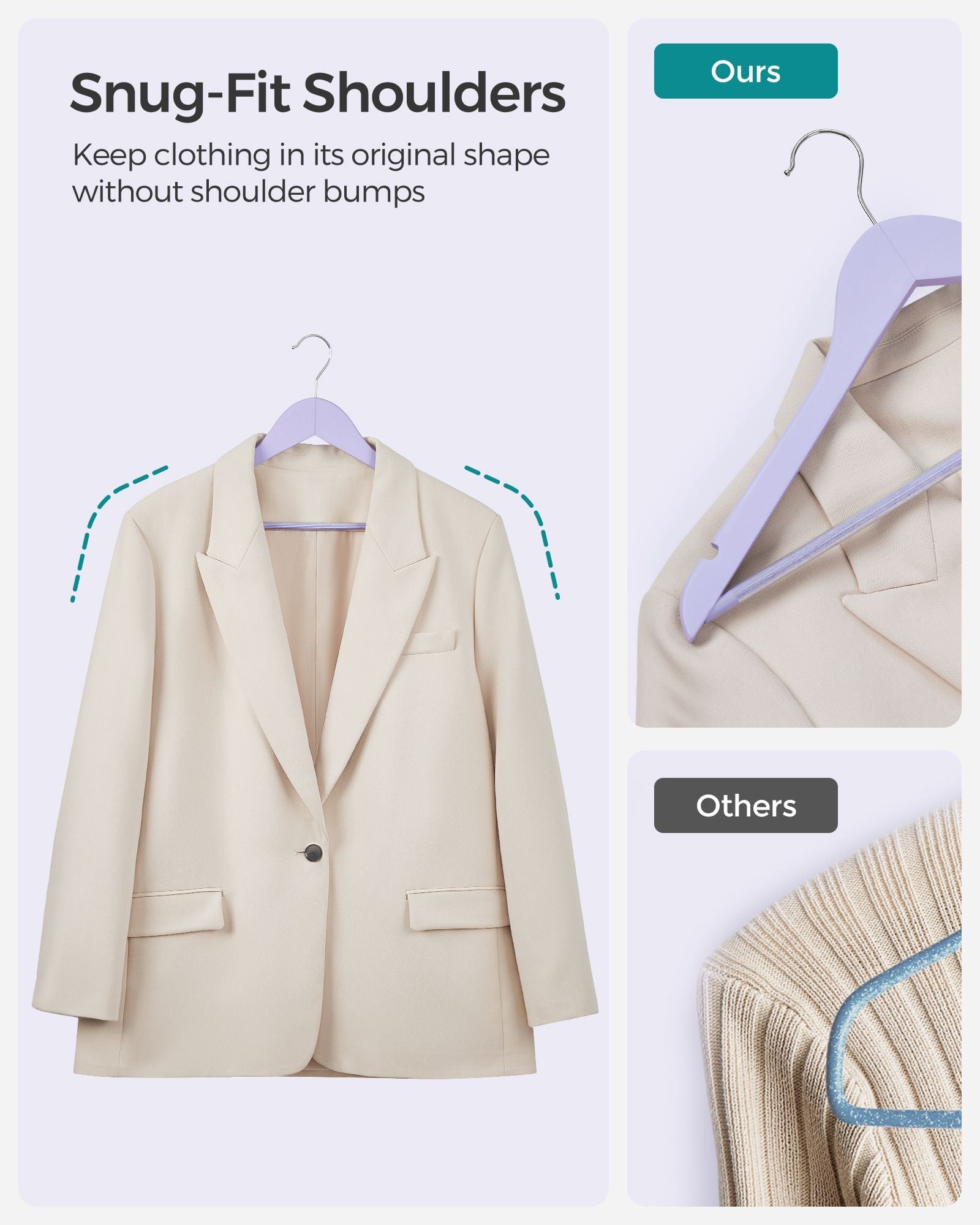 Wooden Coat Hangers – Maple Wood – Light Purple and Silver – 360° Swivel Hook with Shoulder Notches and Anti-Slip Trousers Bar, Set of 20