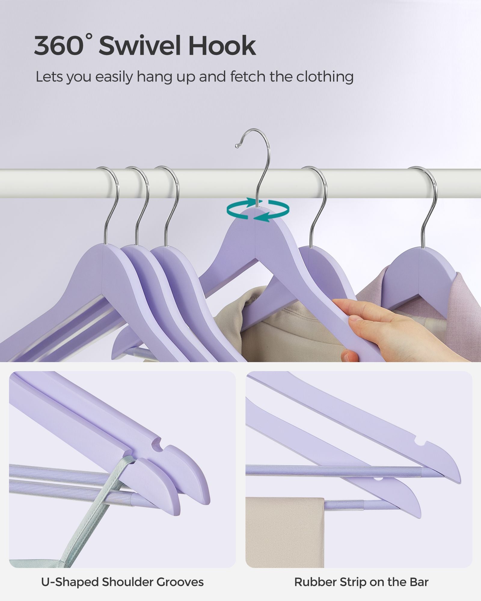 Wooden Coat Hangers – Maple Wood – Light Purple and Silver – 360° Swivel Hook with Shoulder Notches and Anti-Slip Trousers Bar, Set of 20
