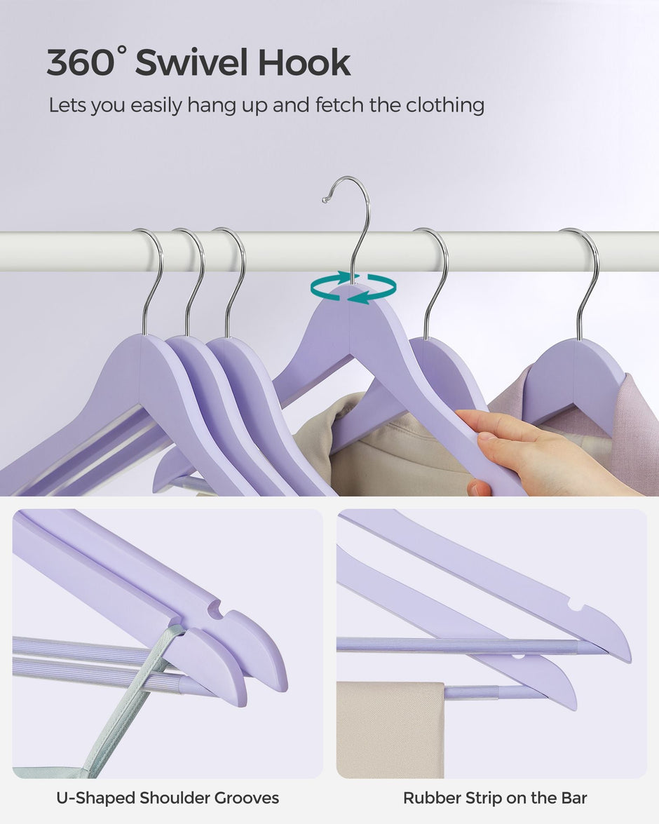 Wooden Coat Hangers – Maple Wood – Light Purple and Silver – 360° Swivel Hook with Shoulder Notches and Anti-Slip Trousers Bar, Set of 20