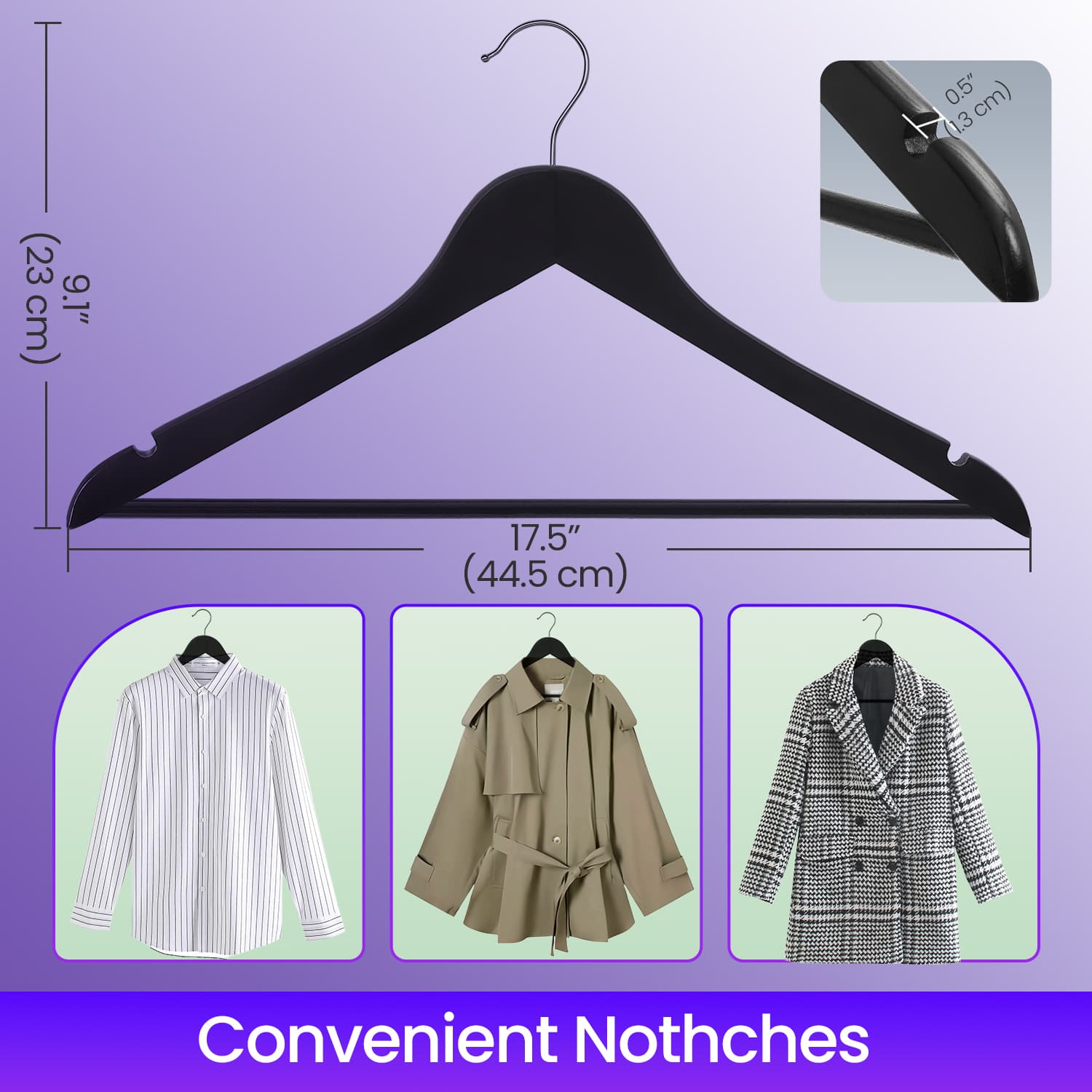Solid Wood Hangers – Solid Wood – Black and Silver – Set of 20 with Shoulder Grooves and Non-Slip Bar