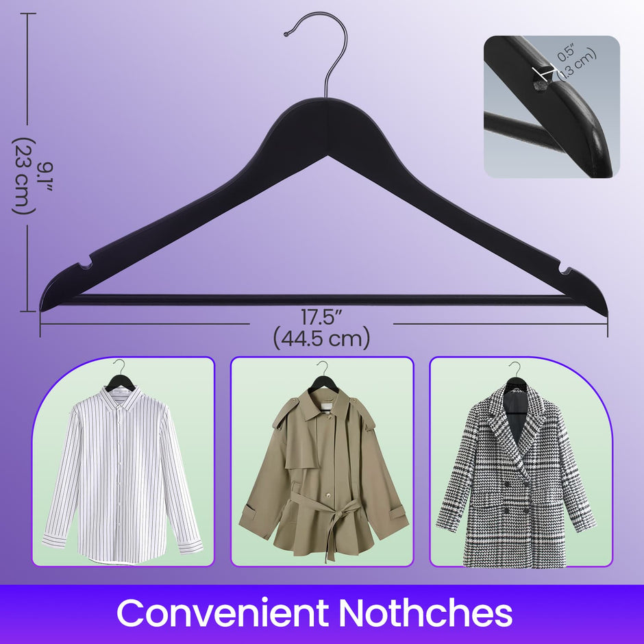 Solid Wood Hangers – Solid Wood – Black and Silver – Set of 20 with Shoulder Grooves and Non-Slip Bar