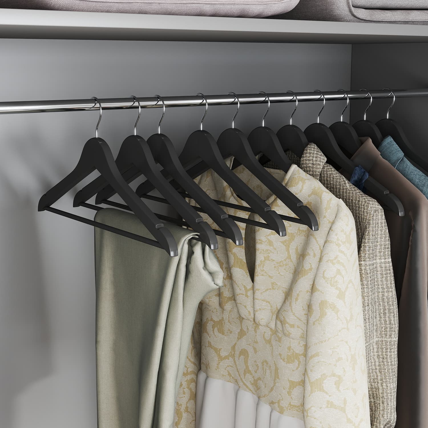 Solid Wood Hangers – Solid Wood – Black and Silver – Set of 20 with Shoulder Grooves and Non-Slip Bar
