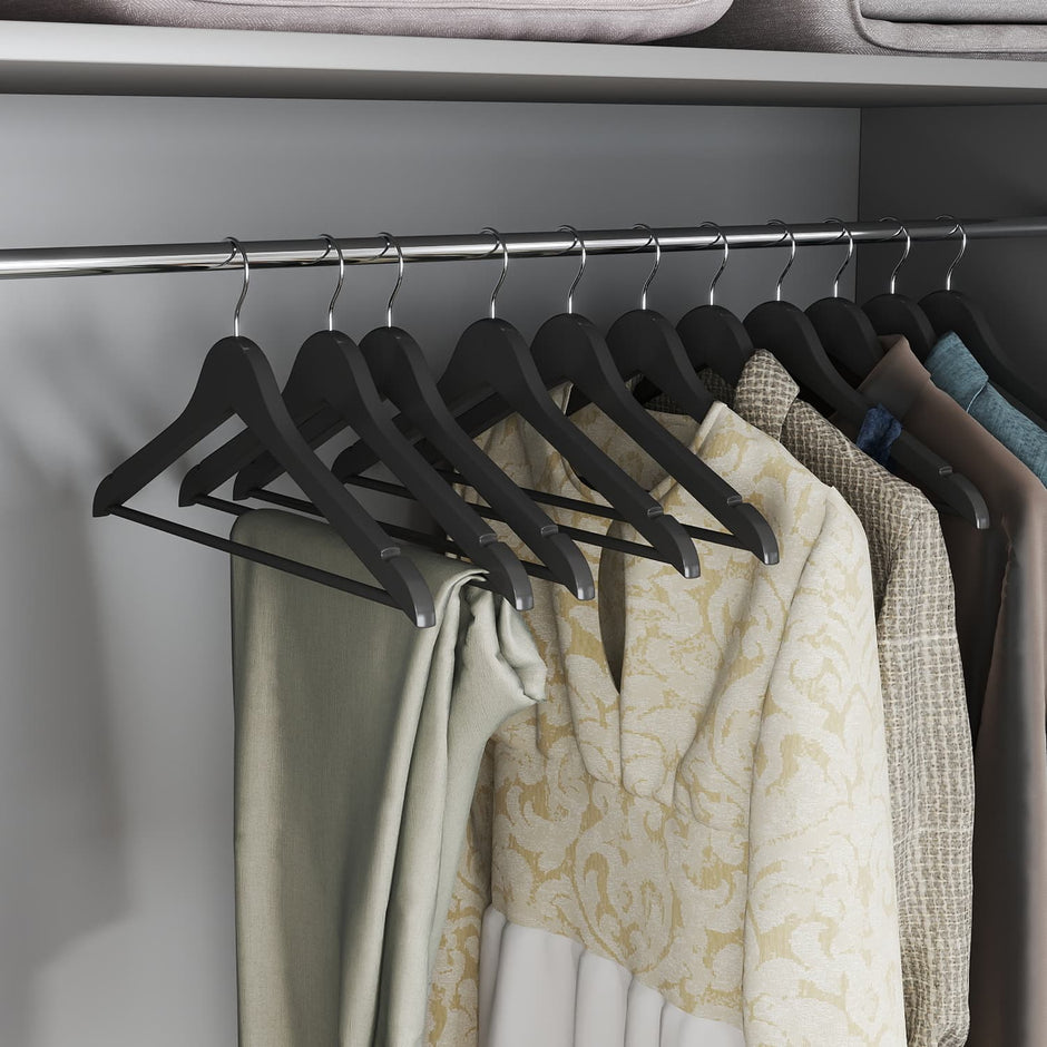 Wooden Hangers – Solid Wood – Black and Silver – Non-Slip Bar with 360° Rotating Hook, Set of 10