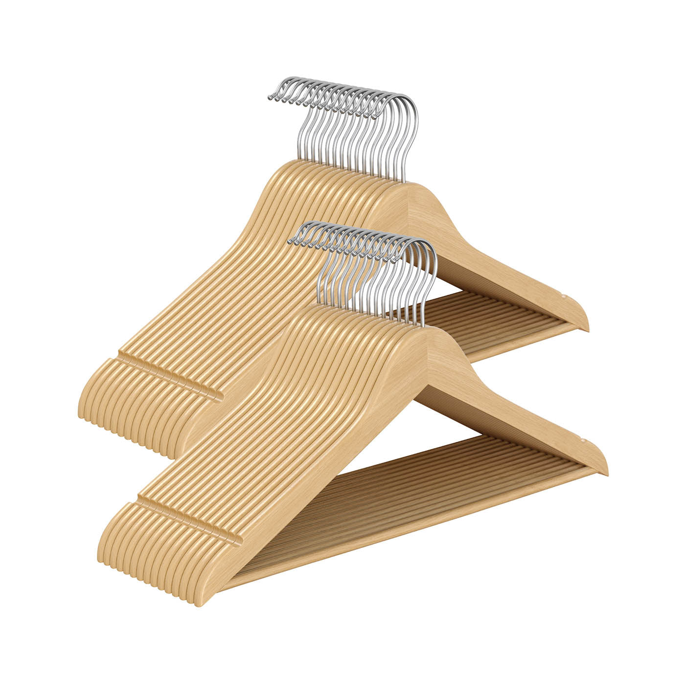 Wooden Hangers – Solid Birch – Natural Beige – Pack of 30 with Pants Bar and 360° Swivel Hooks