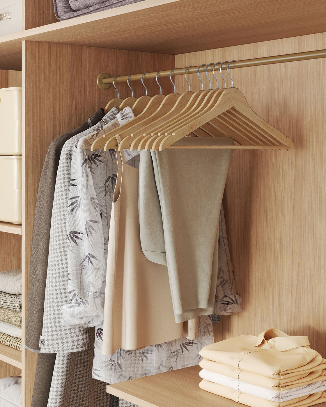 Wooden Hangers – Solid Birch – Natural Beige – Pack of 30 with Pants Bar and 360° Swivel Hooks