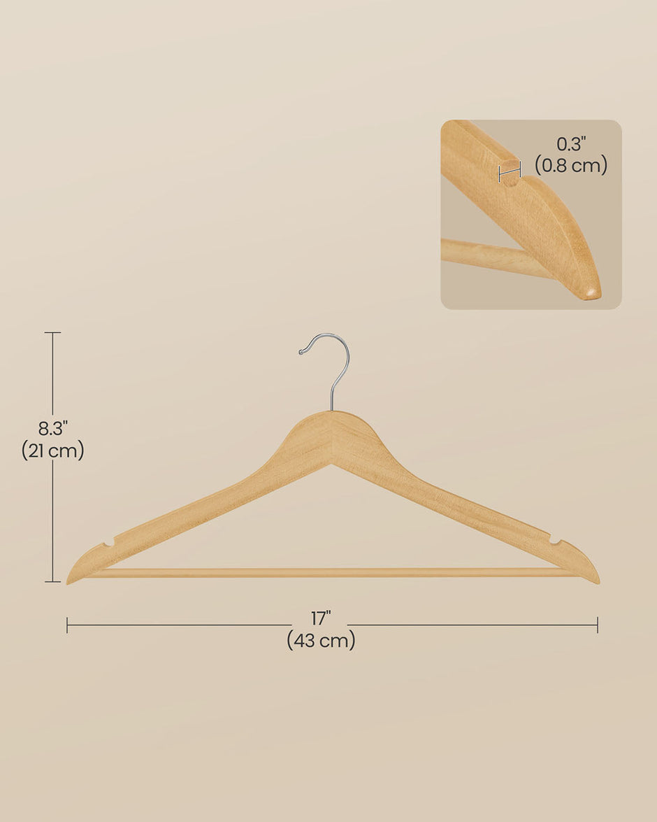 Wooden Hangers – Solid Birch – Natural Beige – Pack of 30 with Pants Bar and 360° Swivel Hooks