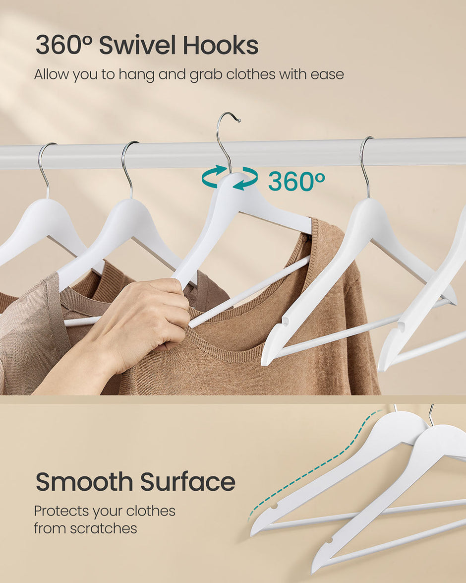 Wooden Hangers – Solid Birch – Cloud White – Pack of 30 with 360° Swivel Hooks and Pants Bar