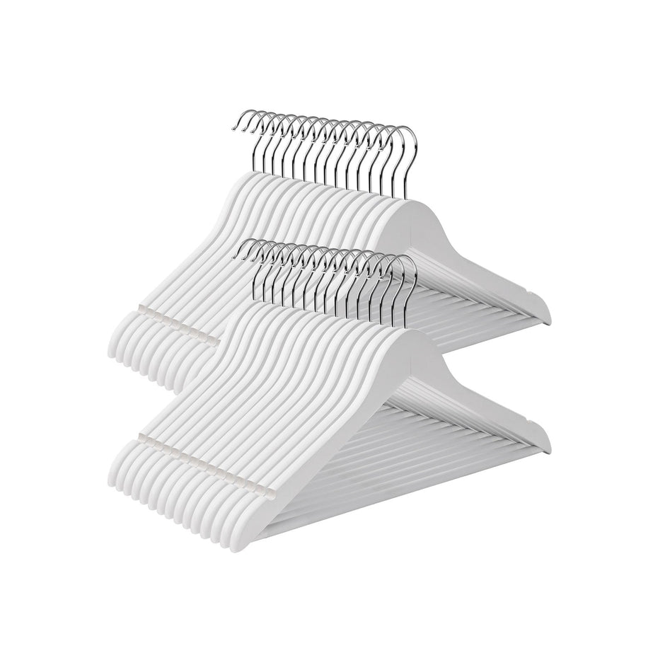 Wood Coat Hangers – Solid Wood – White – Non-Slip Trousers Bar with Shoulder Notches and 360 Degree Swivel Hook – Pack of 30