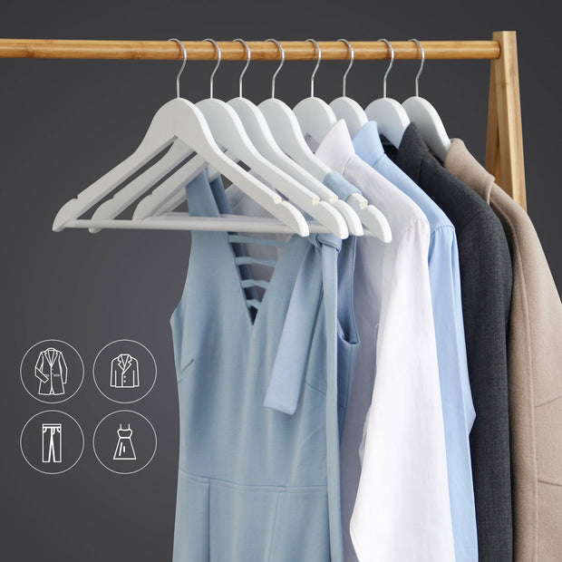 Wood Coat Hangers – Solid Wood – White – Non-Slip Trousers Bar with Shoulder Notches and 360 Degree Swivel Hook – Pack of 30