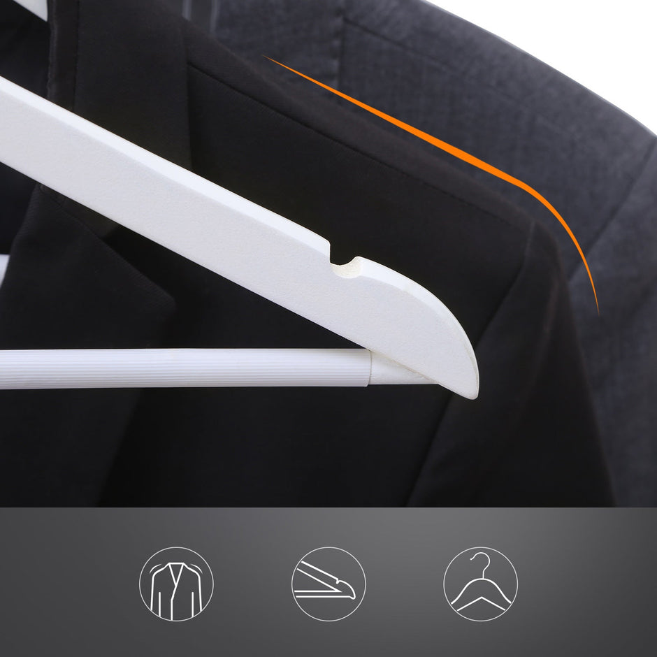 Wood Coat Hangers – Solid Wood – White – Non-Slip Trousers Bar with Shoulder Notches and 360 Degree Swivel Hook – Pack of 30
