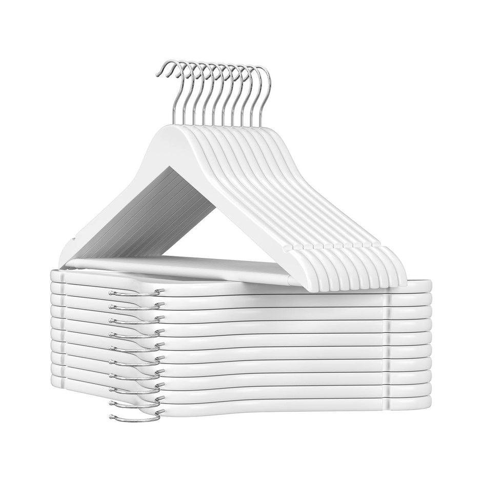 Wooden Hangers – Wood – White – Pack of 50 with Anti-Slip Sleeve and Metal Hook