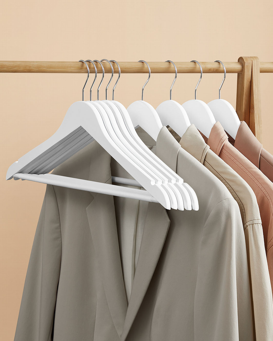 Wooden Hangers – Wood – White – Pack of 50 with Anti-Slip Sleeve and Metal Hook