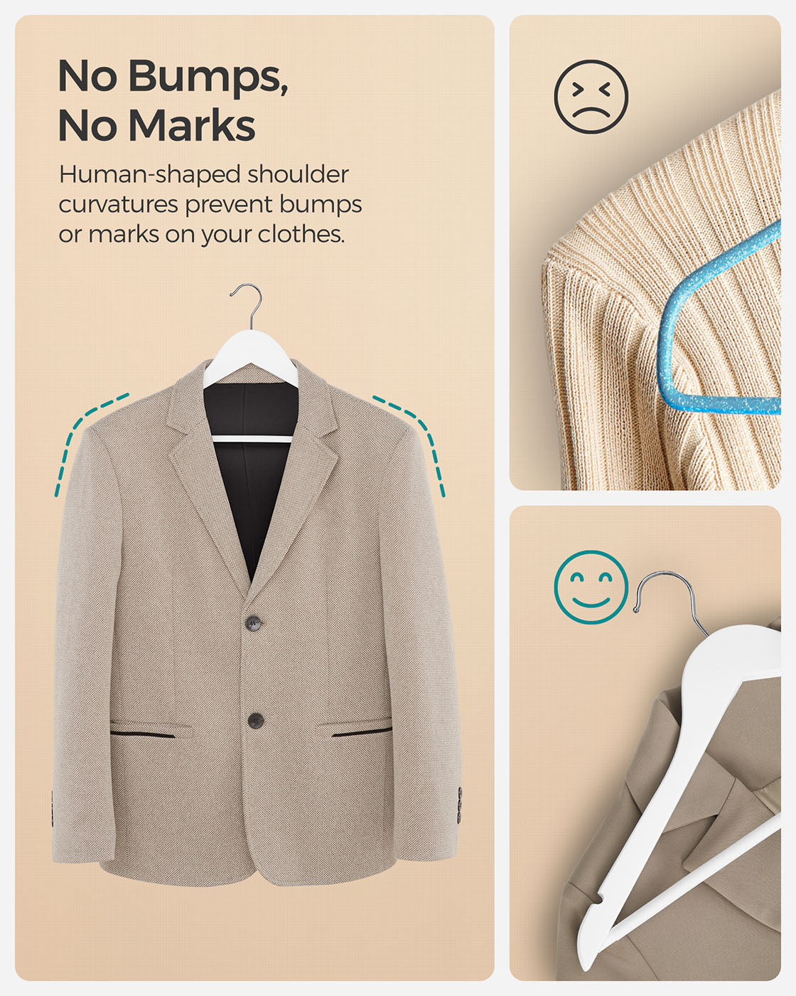 Wooden Hangers – Wood – White – Pack of 50 with Anti-Slip Sleeve and Metal Hook