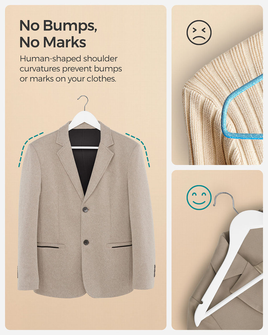 Wooden Hangers – Wood – White – Pack of 50 with Anti-Slip Sleeve and Metal Hook