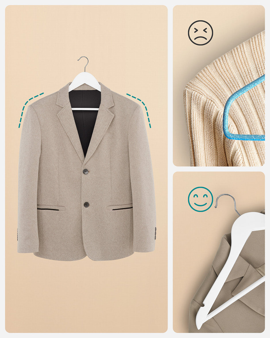 Wooden Clothes Hangers – Wood – White – Pack of 50 with Metal Hook and Anti-Slip Sleeve