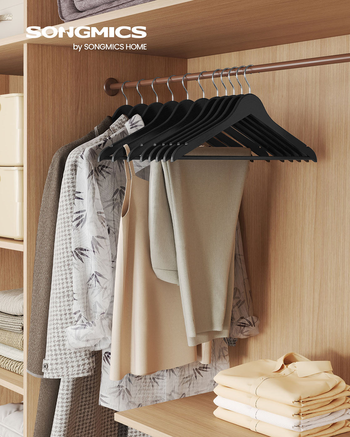 Wooden Hangers – Solid Birch – Ink Black – Pack of 20 with 360° Swivel Hooks and Pants Bar
