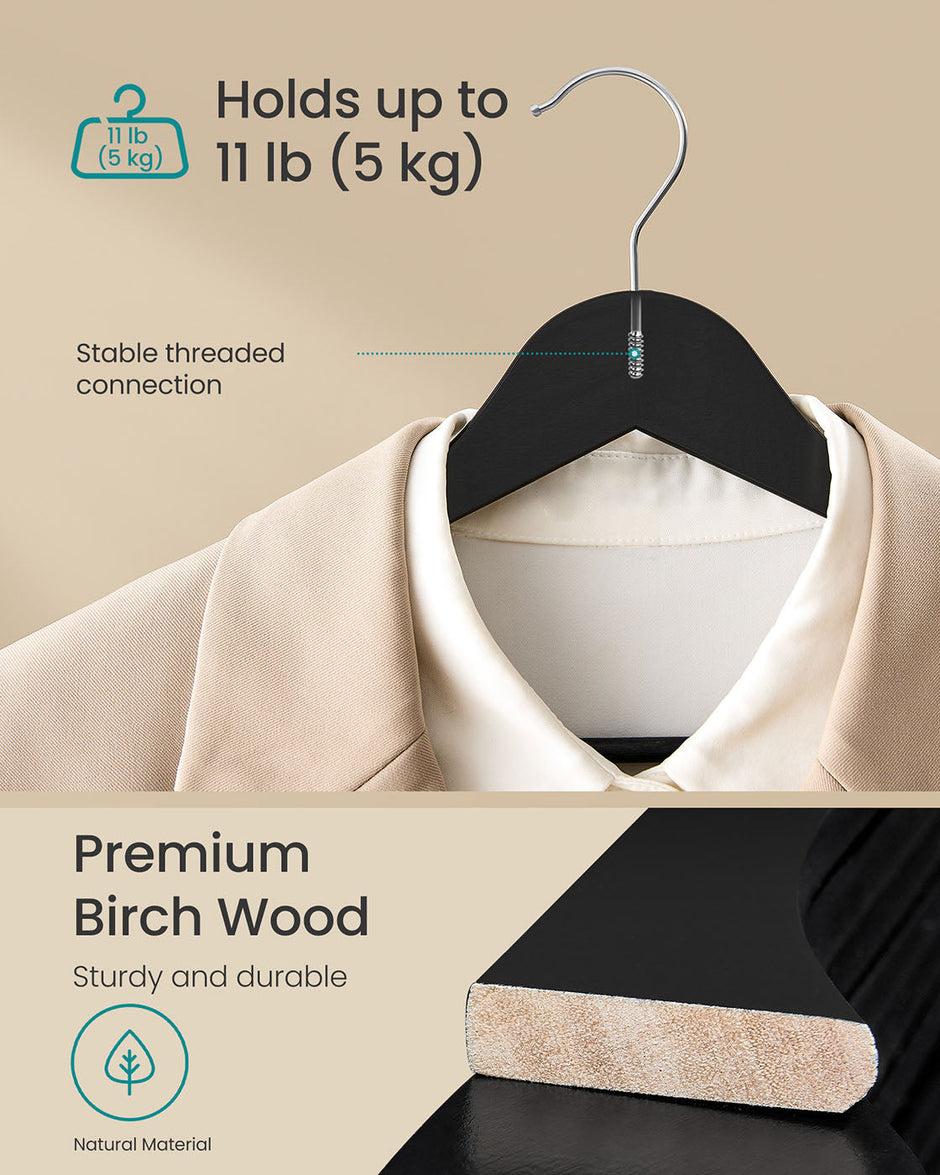 Wooden Hangers – Solid Birch – Ink Black – Pack of 20 with 360° Swivel Hooks and Pants Bar