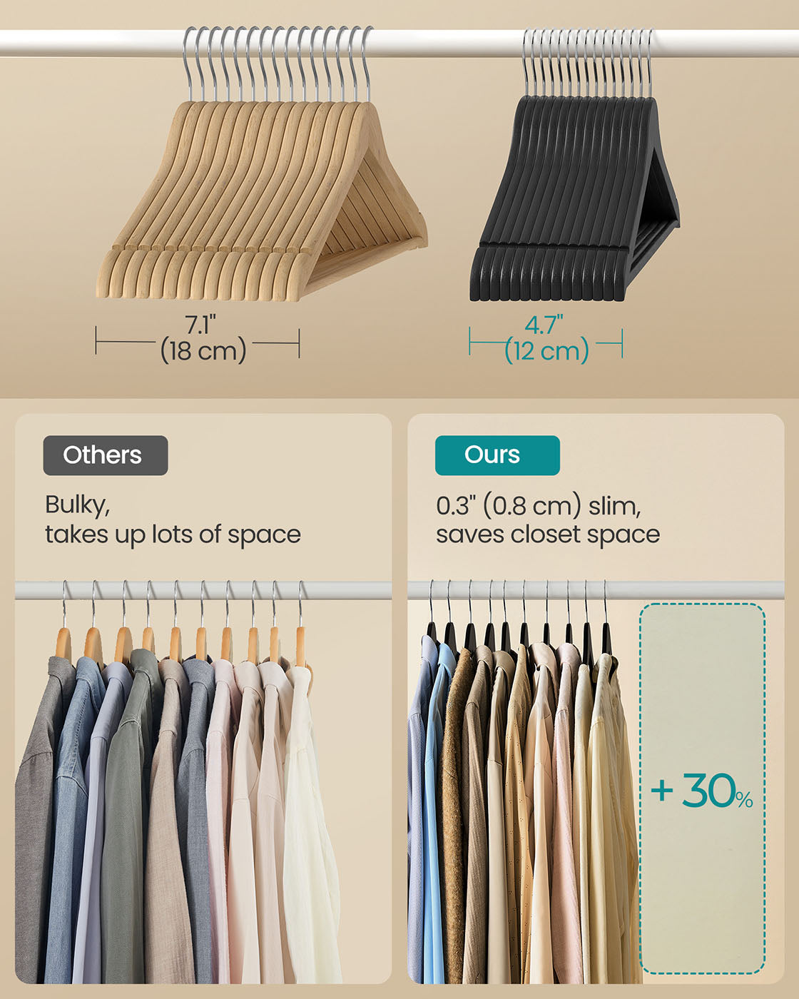 Wooden Hangers – Solid Birch – Ink Black – Pack of 20 with 360° Swivel Hooks and Pants Bar