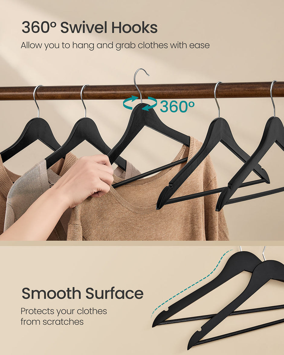 Wooden Hangers – Solid Birch – Ink Black – Pack of 20 with 360° Swivel Hooks and Pants Bar