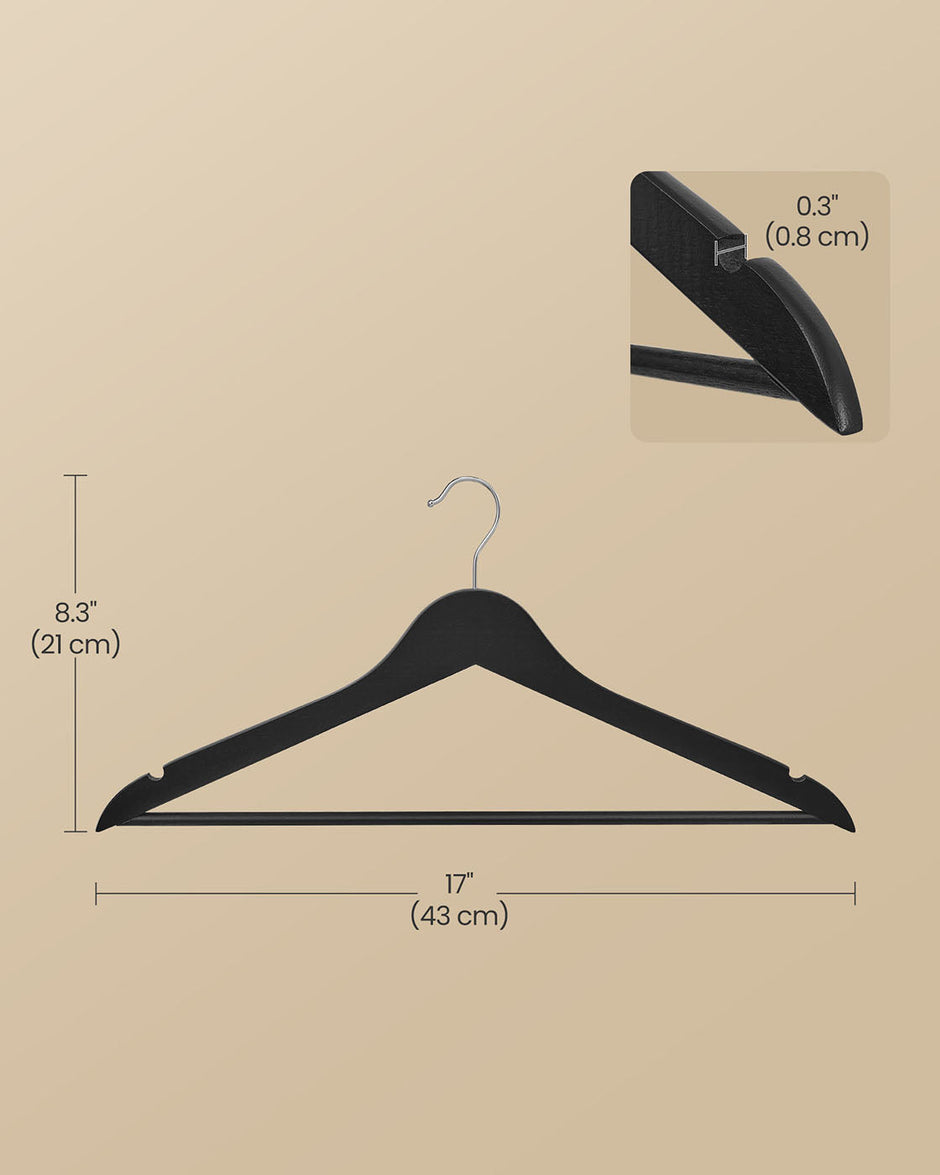 Wooden Hangers – Solid Birch – Ink Black – Pack of 20 with 360° Swivel Hooks and Pants Bar