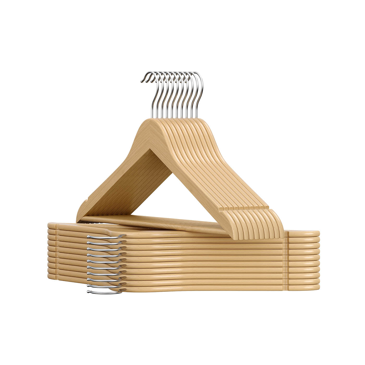 Wooden Hangers – Solid Birch – Natural Beige – Pack of 20 with Pants Bar and 360° Swivel Hooks