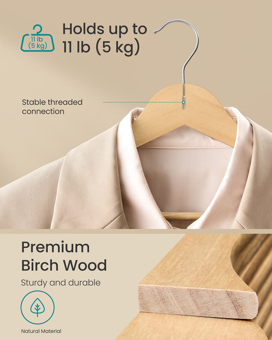 Wooden Hangers – Solid Birch – Natural Beige – Pack of 20 with Pants Bar and 360° Swivel Hooks