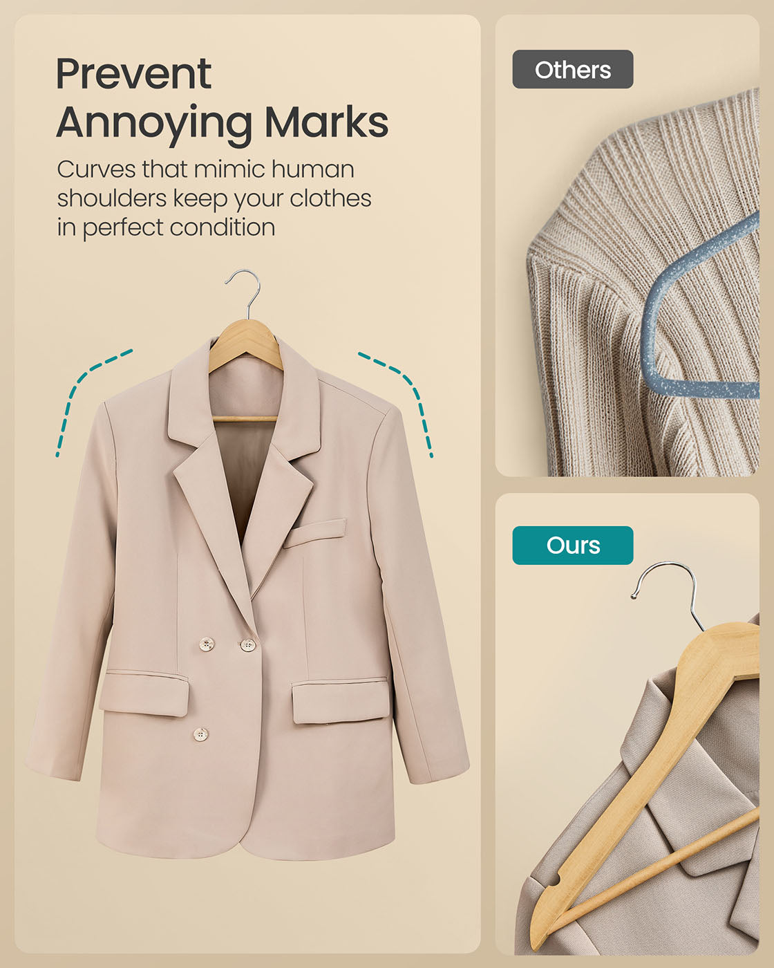Wooden Hangers – Solid Birch – Natural Beige – Pack of 20 with Pants Bar and 360° Swivel Hooks