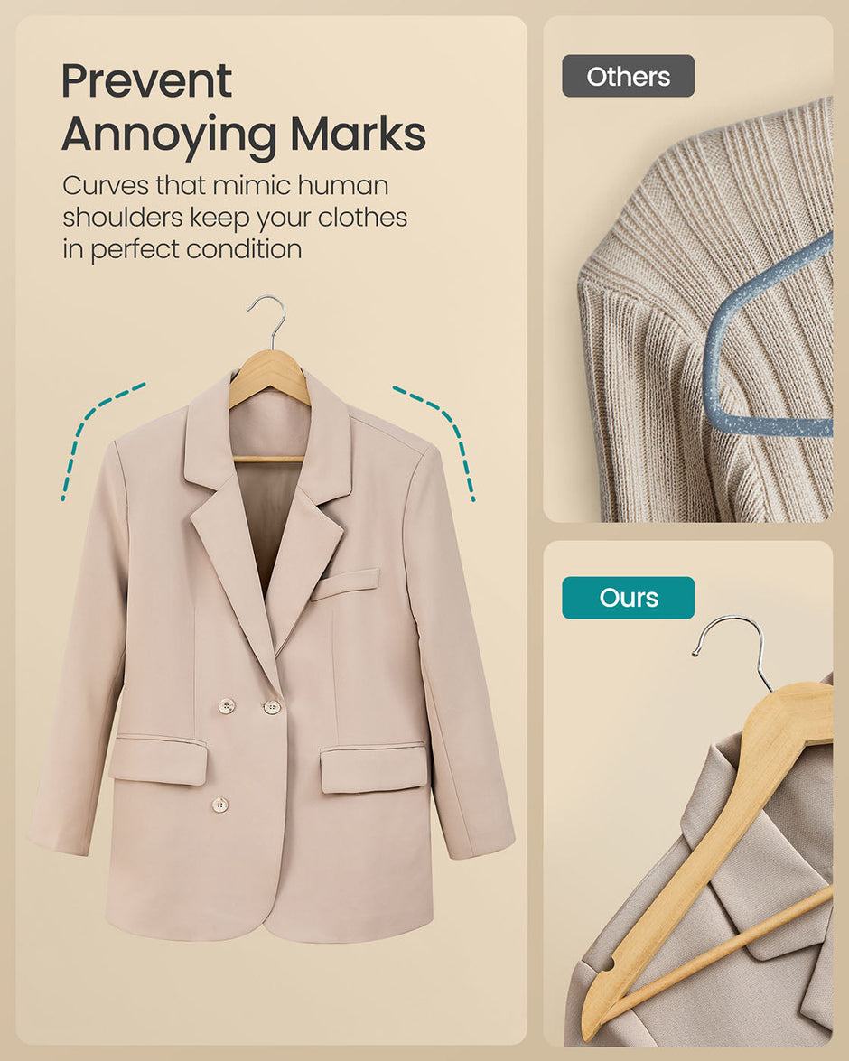 Wooden Hangers – Solid Birch – Natural Beige – Pack of 20 with Pants Bar and 360° Swivel Hooks