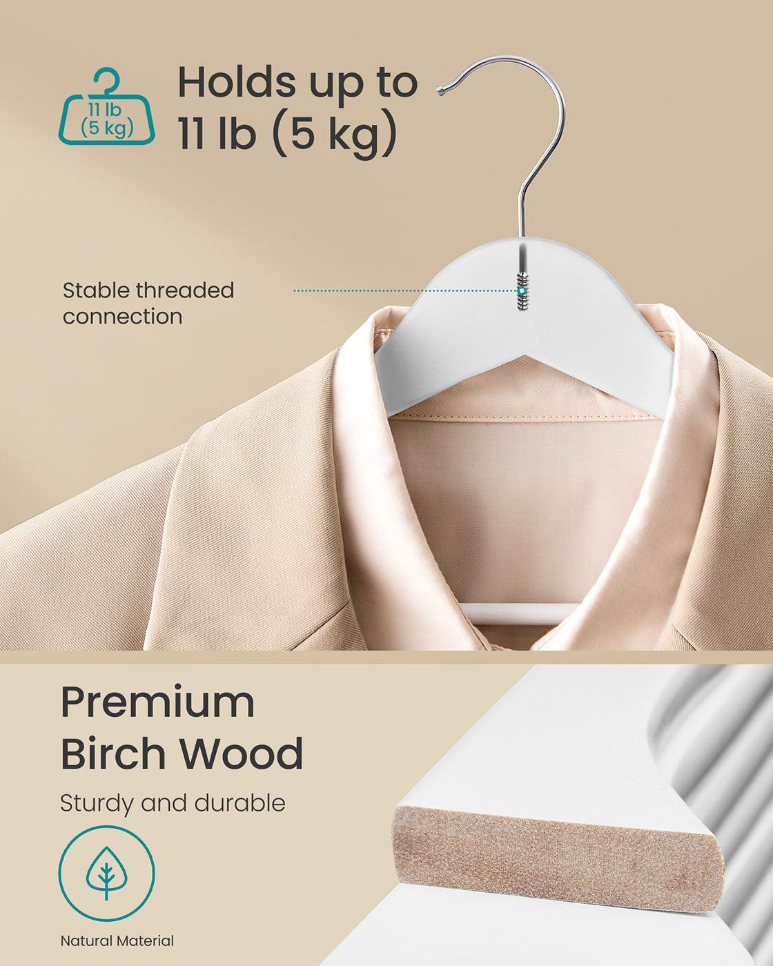 Wooden Hangers – Solid Birch Wood – Cloud White – Pack of 20 with 360° Swivel Hooks