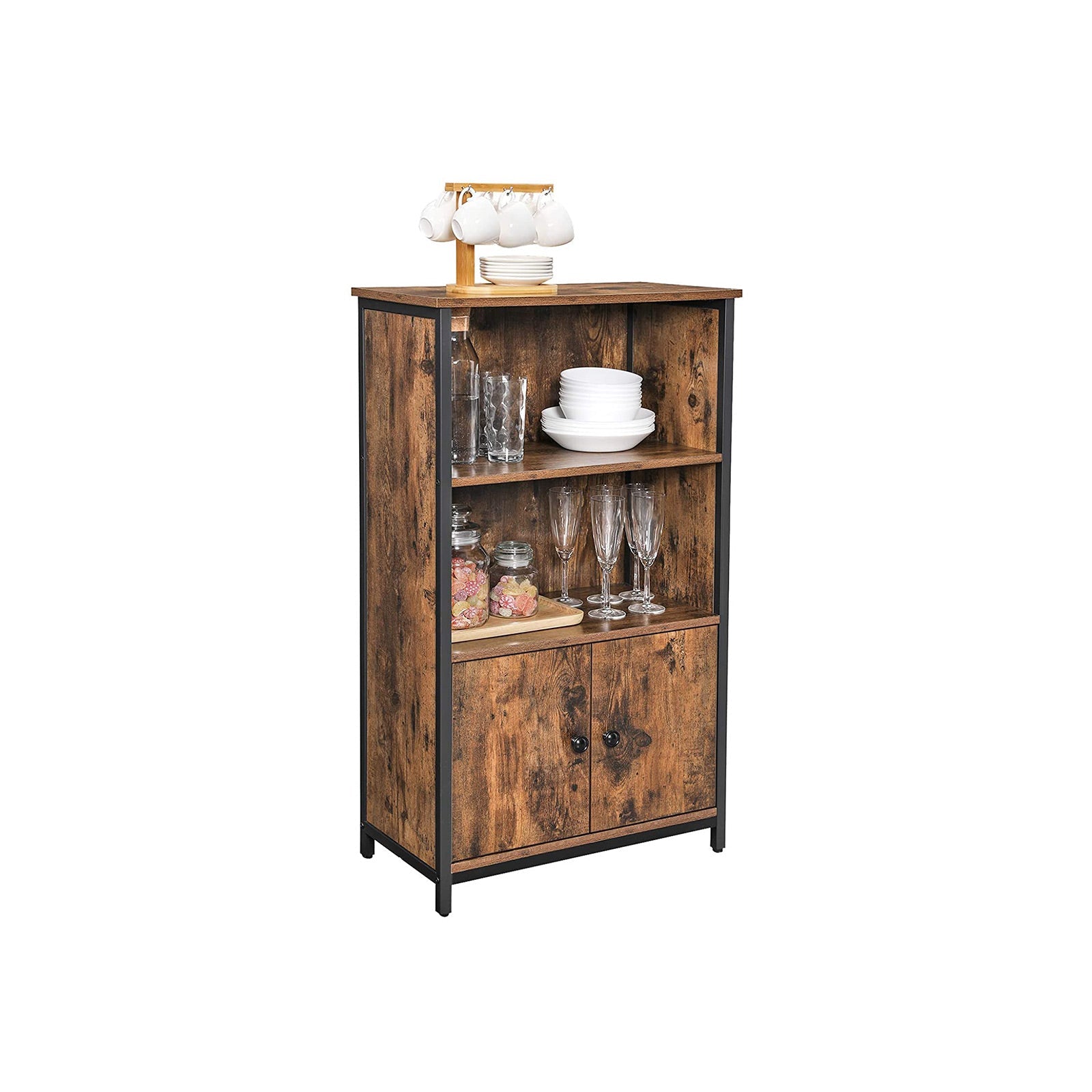 Cabinet – Wood – Rustic Brown and Black – Multifunctional with Open and Closed Compartments
