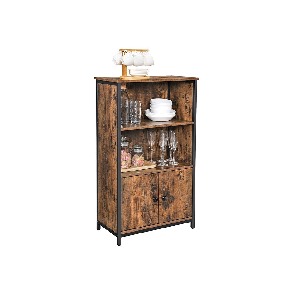 Cabinet – Wood – Rustic Brown and Black – Multifunctional with Open and Closed Compartments